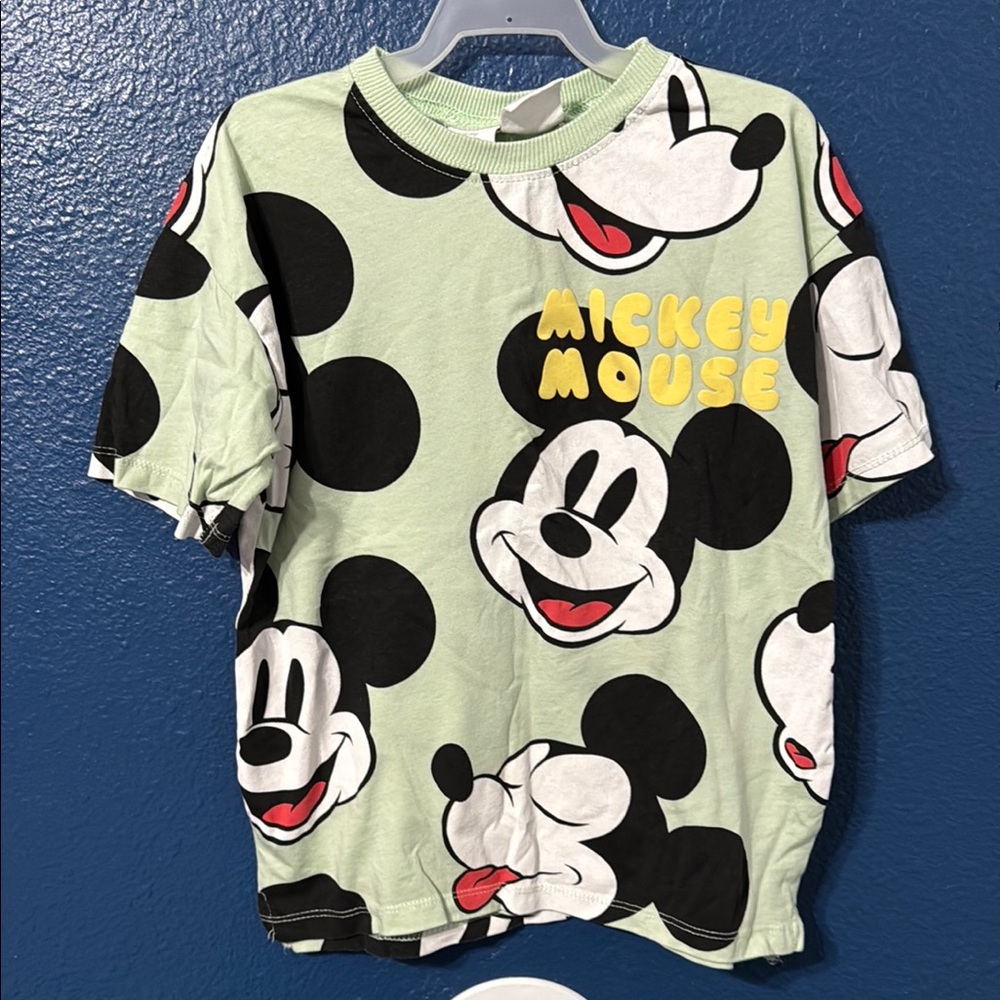 Zara Green and Black Short Sleeve Tee with Mickey Mouse Design